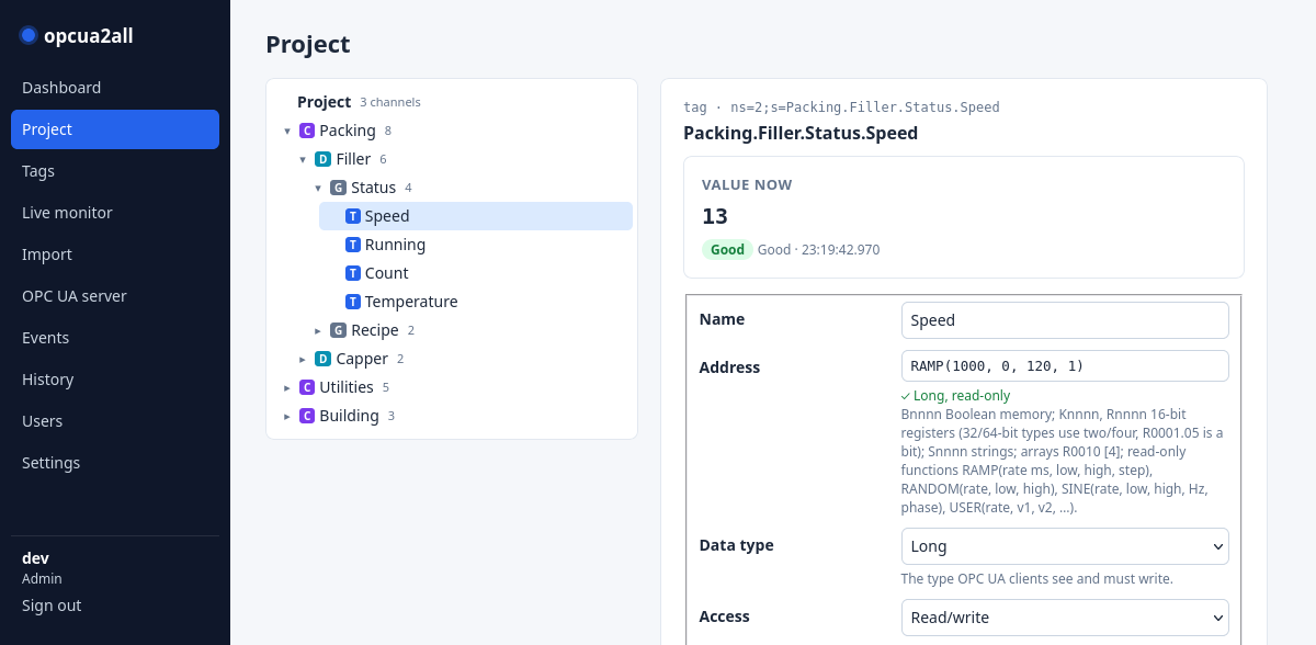 opcua2all web configuration: project tree with channels, devices and tags, and a tag editor with the live value