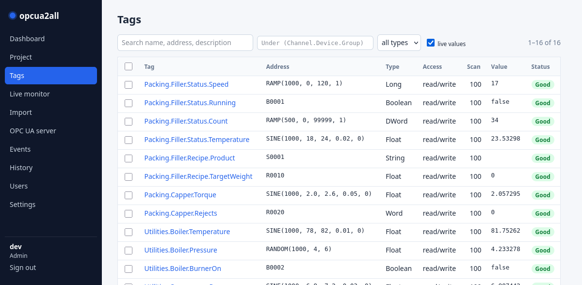 opcua2all tag list: tags with address, data type, access, scan rate, live value and status